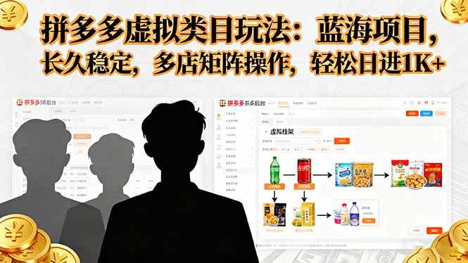 拼多多虚拟类目玩法，蓝海项目，长久稳定，多店矩阵操作，轻松日进1K+
