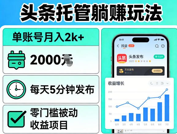 头条托管躺賺玩法，单账号月入2k+，每天5分钟发布即可，零门槛被动收益项目【揭秘】