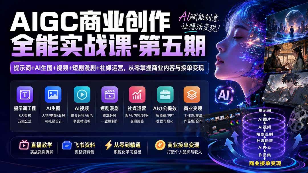 (19753期)AIGC商业创作全能实战课-第五期:提示词+AI生图+视频+短剧漫剧+社媒运营,从零掌握商业内容与接单变现 (19753期)AIGC商业创作全能实战课-第五期:提示词+AI生图+视频+短剧漫剧+社媒运营,从零掌握商业内容与接单变现