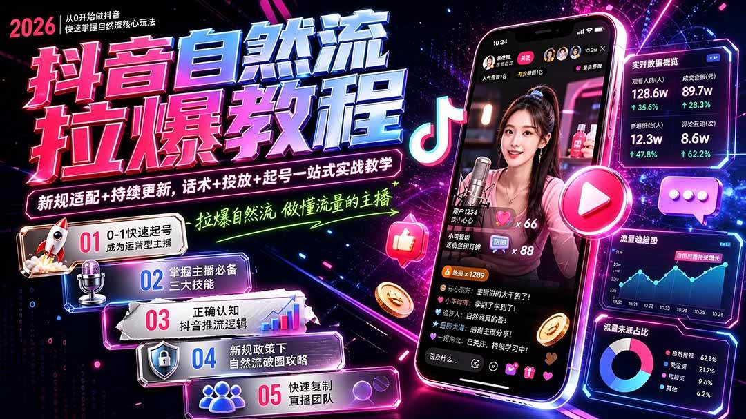 (20279期)抖音自然流拉爆教程-更新:做懂流量的主播,新规适配+持续更新,话术+投放+起号一站式实战教学 (20279期)抖音自然流拉爆教程-更新:做懂流量的主播,新规适配+持续更新,话术+投放+起号一站式实战教学