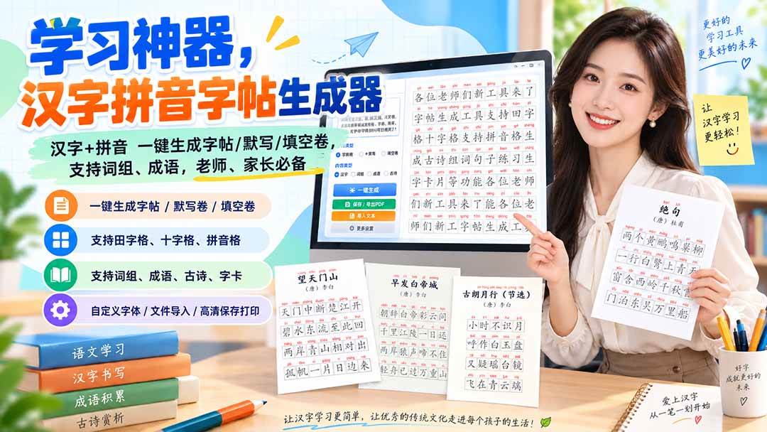 (20299期)学习神器,汉字拼音字帖生成器,汉字+拼音 一键生成字帖/默写/填空卷,支持词组、成语,老师、家长必备 (20299期)学习神器,汉字拼音字帖生成器,汉字+拼音 一键生成字帖/默写/填空卷,支持词组、成语,老师、家长必备