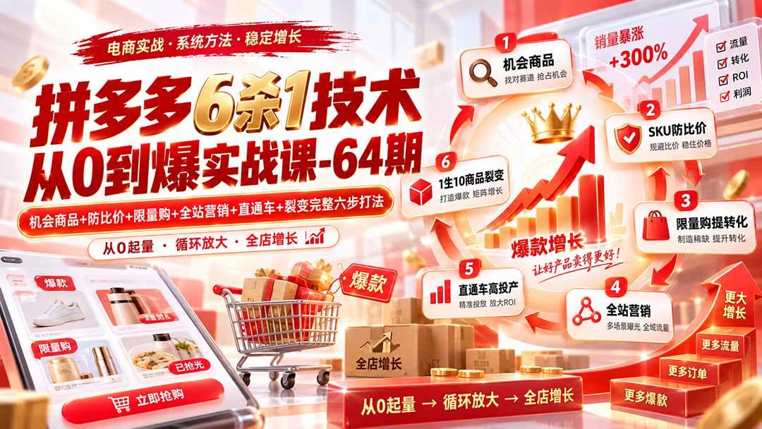 (20315期)拼多多6杀1技术从0到爆实战课-64期:机会商品+防比价+限量购+全站营销+直通车+裂变完整六步打法 (20315期)拼多多6杀1技术从0到爆实战课-64期:机会商品+防比价+限量购+全站营销+直通车+裂变完整六步打法
