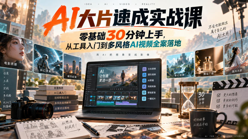AI大片速成实战课|零基础30分钟上手,从工具入门到多风格AI视频全案落地 AI大片速成实战课|零基础30分钟上手,从工具入门到多风格AI视频全案落地