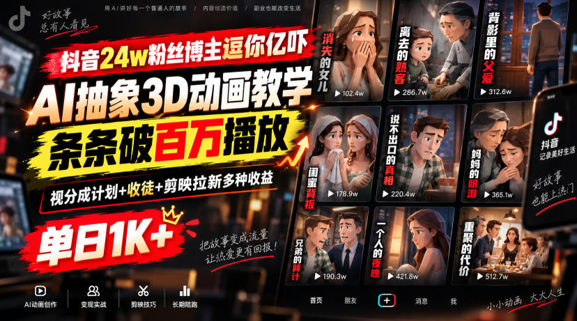 抖音24w粉丝博主逗你亿吓AI抽象3D动画教学,条条破百万播放,分成计划+收徒+剪映拉新多种收益,单日1K+ 抖音24w粉丝博主逗你亿吓AI抽象3D动画教学,条条破百万播放,分成计划+收徒+剪映拉新多种收益,单日1K+