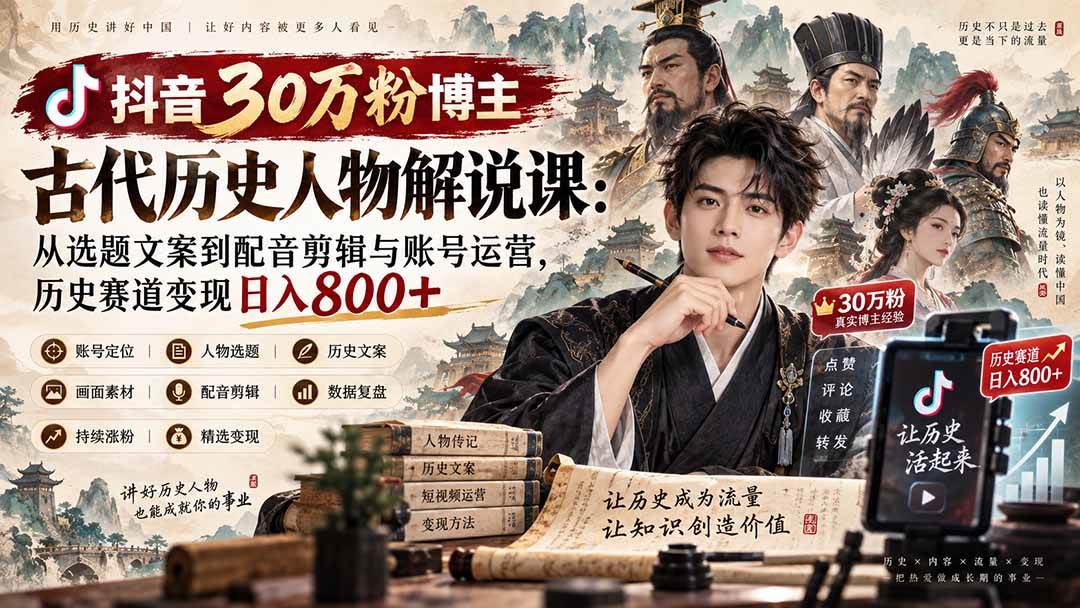 (20441期)抖音30万粉博主古代历史人物解说课:从选题文案到配音剪辑与账号运营,历史赛道变现日入800+ (20441期)抖音30万粉博主古代历史人物解说课:从选题文案到配音剪辑与账号运营,历史赛道变现日入800+