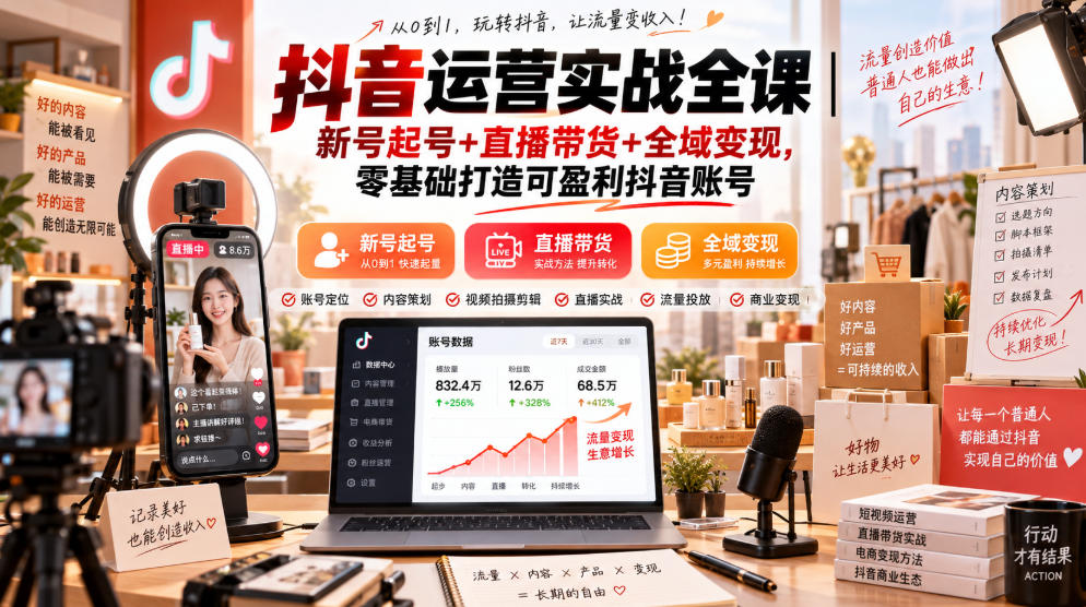 抖音运营实战全课|新号起号+直播带货+全域变现,零基础打造可盈利抖音账号 抖音运营实战全课|新号起号+直播带货+全域变现,零基础打造可盈利抖音账号