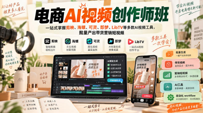 电商AI视频创作师班,一站式掌握剪映、海螺、可灵、即梦、LibTV等多款AI视频工具,批量产出带货营销短视频 电商AI视频创作师班,一站式掌握剪映、海螺、可灵、即梦、LibTV等多款AI视频工具,批量产出带货营销短视频