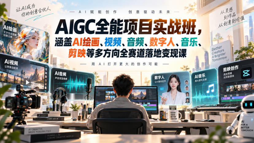 AIGC全能项目实战班,涵盖AI绘画、视频、音频、数字人、音乐、剪映等多方向全赛道落地变现课(更新) AIGC全能项目实战班,涵盖AI绘画、视频、音频、数字人、音乐、剪映等多方向全赛道落地变现课(更新)