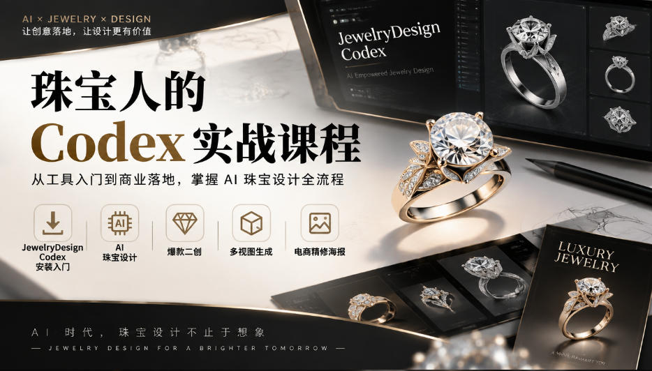 珠宝人的Codex实战课程|JewelryDesign Codex安装入门、AI珠宝设计、爆款二创、多视图生成、电商精修海报全链路教学 珠宝人的Codex实战课程|JewelryDesign Codex安装入门、AI珠宝设计、爆款二创、多视图生成、电商精修海报全链路教学